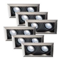 Set van 6 Durham - LED Inbouwspot - 8 Watt 690 Lumen - 6500K Daglicht wit - Dubbel - GU10 - Kantelbaar - Verzonken - IP20 voor binnen - Rechthoek - RVS