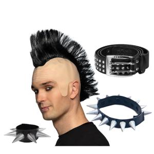 Carnaval verkleed setje heren punker - hanekam pruik - spikes ketting/armband - riem met studs