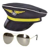 Carnaval verkleed piloten pet/hoed - zwart - voor volwassenen - one size - incl. bril - thumbnail