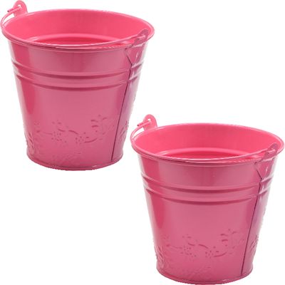 2x bloempotjes/plantenpotjes bloemen relief - zink - D11 x H11 cm - roze