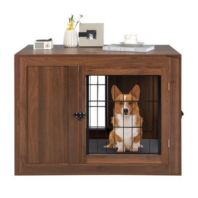 Binnen Hondenkrat Dubbel Magneetdeur Hondenhok met Linnen Kussen Hondenhok met Klink Walnoot 92 x 59 x 66,5 cm