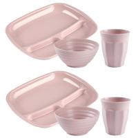 Camping Servies set 18 delig - kunststof - roze - 6x vakjesborden/6x drinkbekers/6x kommetjes