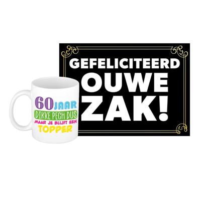 Verjaardag cadeau koffiemok 60 jaar - man - dikke pech- met gefeliciteerd ouwe zak wenskaart