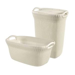 Curver Knit Wasmand met deksel 57L + Wasmand 40L - Gebroken wit