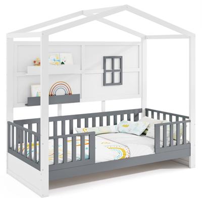 Houten Huisvormig Bed voor Kinderen met Raam 2 Planken en Leuning Lattenbodem Speelbed voor Jongens en Meisjes Eenpersoonsbed