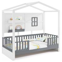 Houten Huisvormig Bed voor Kinderen met Raam 2 Planken en Leuning Lattenbodem Speelbed voor Jongens en Meisjes Eenpersoonsbed