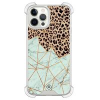iPhone 12 (Pro) siliconen shockproof hoesje - Luipaard marmer mint
