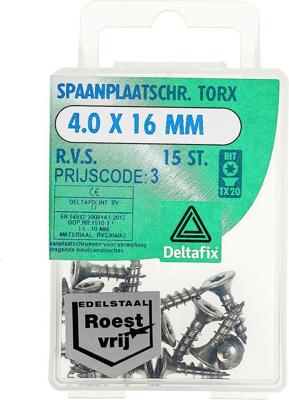 Spaanplaatschr. torx 4.0x16mm rvs 15st - Deltafix