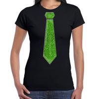 Verkleed t-shirt voor dames - stropdas glitter groen - zwart - carnaval - foute party