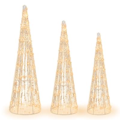 Set van 3 Verlichte Kerstkegelbomen Decoratieve Kerstkegelboomset met Stersnaren en 90 Warmwitte LED-Verlichting voor Binnen en Buiten