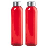 Glazen waterfles/drinkfles/sportfles -2x - rood transparant - met RVS dop - 500 ml - thumbnail