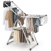 Opvouwbaar Aluminium Kledingrek met 2 Niveaus 5 in Hoogte Verstelbare Niveaus 21 Droograils 10 Zijclips 4 Schoenenrekken voor Binnen/Buiten