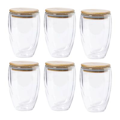 Koffieglazen - dubbelwandig - 6x stuks - 350 ml - met bamboe deksel - thermische glazen