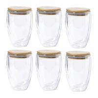Koffieglazen - dubbelwandig - 6x stuks - 350 ml - met bamboe deksel - thermische glazen