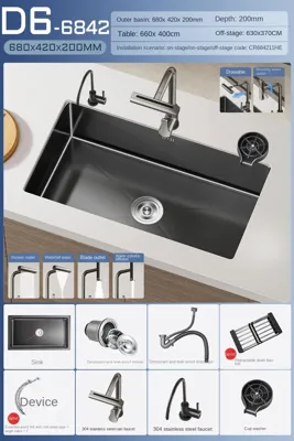 Luxe Waterval Keukenspoelbak - Zwart RVS | Enkelbak | Onderbouw | Inclusief Kraan & Zeepdispenser