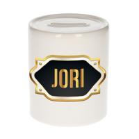 Spaarpot met voornaam Jori - wit - goud/zwart embleem - 8 x 9 cm - keramiek - afsluitdop