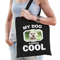 Katoenen tasje my dog is serious cool zwart - Maltezer honden cadeau tas   -