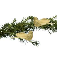 Decoris vogels op clip - 2x st - goud - 4 x 11 x 4,5 cm - foam - kerstboomversiering