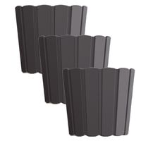 Set van 3x stuks wood-look plantenpot/bloempot kunststof dia 16.5 cm/hoogte 15 cm antraciet