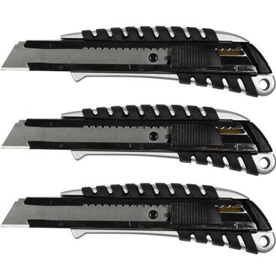 Afbreekmes - 3x - snijmes - werkmes - 18 mm - zwart - anti-slip handvat - automatische vergrendeling