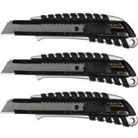 Afbreekmes - 3x - snijmes - werkmes - 18 mm - zwart - anti-slip handvat - automatische vergrendeling