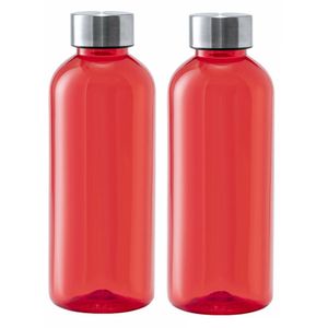 Kunststof waterfles/drinkfles/sportfles - 2x - rood transparant - met RVS dop - 600 ml