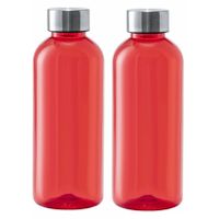 Kunststof waterfles/drinkfles/sportfles - 2x - rood transparant - met RVS dop - 600 ml