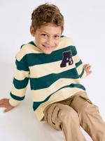 Groot gestreept jongenssweatshirt met badge in bouclé smaragdgroen