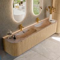 Badmeubel Mondiaz Kurve-Dlux | 200 cm | Meubelkleur Oak | Wastafelkleur Arena | Solid surface | Wasbak beide zijden spoelbak | 2 kraangaten