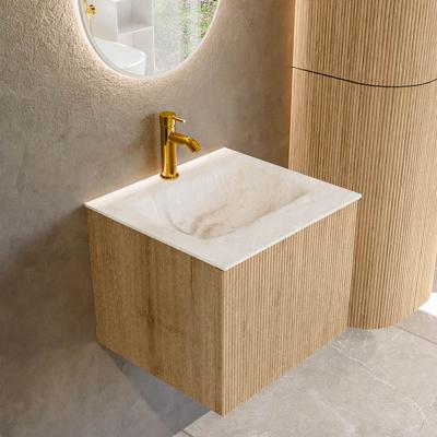 Badmeubel Mondiaz Kurve-Dlux | 50 cm | Meubelkleur Oak | Wastafelkleur Frappe | Solid surface | Midden spoelbak | 1 kraangat