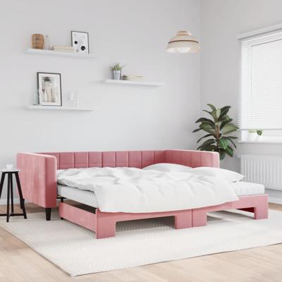 Slaapbank onderschuifbed en matrassen 100x200 cm fluweel roze