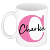 Naam mok Charlie - roze - wit - keramiek - 300 ml - verjaardag/cadeau beker