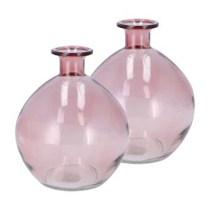 Bloemenvaas rond model - 2x - helder gekleurd glas - zacht roze - D13 x H15 cm