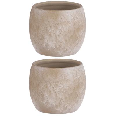 Mica Decorations Bloempot - 2x stuks - creme stone - mat - keramiek - 14 x 12 cm