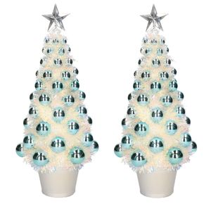 2x stuks complete mini kunst kerstbomen / kunstbomen blauw met lichtjes 40 cm