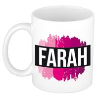Farah naam cadeau koffie mok - beker - met roze verfstrepen - Cadeau collega - moederdag