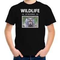 Wolf t-shirt met dieren foto wildlife of the world zwart voor kinderen