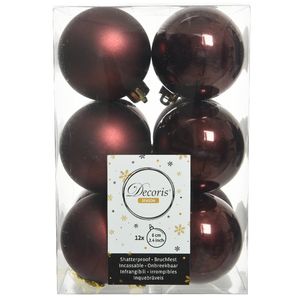 Decoris kerstballen - 12x stuks - mahonie bruin - kunststof - 6 cm - Kerstbal