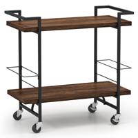 Home Barwagen met Afsluitbare Wielen 2-Laags Barwagen met Valbeveiliging Vangrail Keukenrolwagen met Zwaar Metalen Frame Bruin