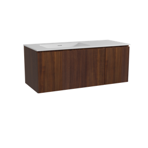 Storke Ribs zwevend badmeubel 120 x 52 cm notenhout met Mata asymmetrisch linkse wastafel in solid surface mat wit, Verticale symmetrische rechte ribbel