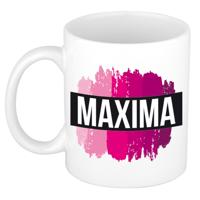 Maxima naam cadeau koffie mok - beker - met roze verfstrepen - Cadeau collega - moederdag