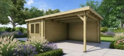 Classicline Blokhut Drenthe vuren groen geïmpregneerd 250x300 cm + overkapping 300 cm- Lessenaarsdak- - Van Kooten Classicline Blokhut Drenthe vuren groen geïmpregneerd 250x300 cm + overkapping 300 cm- Lessenaarsdak- - Van Kooten