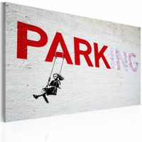 Schilderij - Parking (Banksy), wit/rood, 40x60cm , wanddecoratie , premium print op canvas