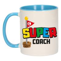 Cadeau koffie/thee mok voor coach/mentor - blauw - super coach - keramiek - 300 ml