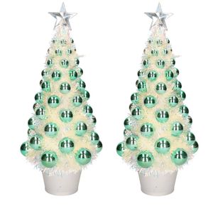 2x stuks kunstkerstbomen compleet met lichtjes en ballen groen 40 cm - Kunstkerstboom