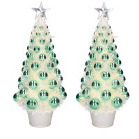 2x stuks kunstkerstbomen compleet met lichtjes en ballen groen 40 cm - Kunstkerstboom