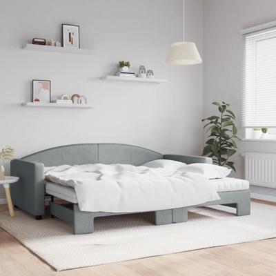 Slaapbank onderschuifbed en matrassen 90x200 cm stof lichtgrijs
