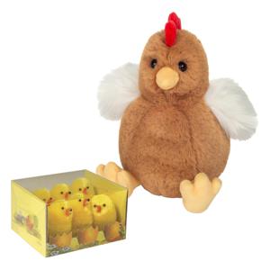 Hermann Teddy Pluche kip knuffel - 18 cm - multi kleur - met 6x kuikens van 5 cm - kippen familie