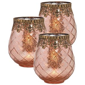 Set van 3x stuks glazen design windlicht/kaarsenhouder rose goud 16 x 18 x 16 cm