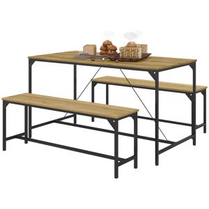 HOMCOM Eetset, Tafel & 2 Banken, Industrieel Ontwerp, Stalen Frame, Houtdecor/Zwart